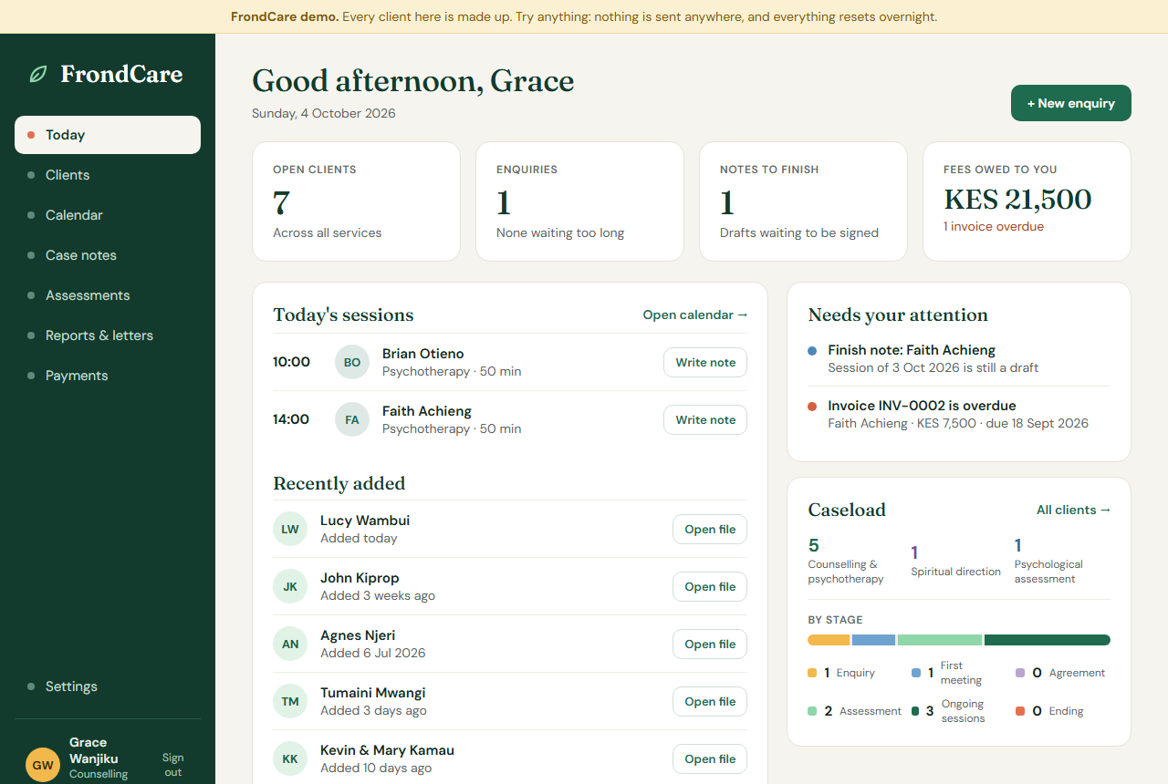 The FrondCare Today screen: sessions for the day, notes to finish, fees owed and caseload