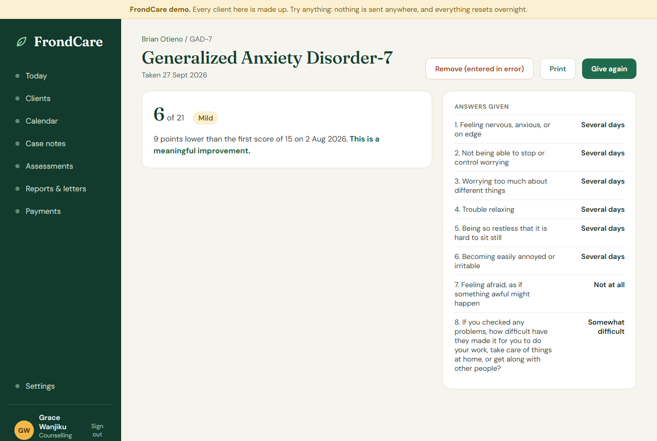 A client's anxiety questionnaire scores charted over time