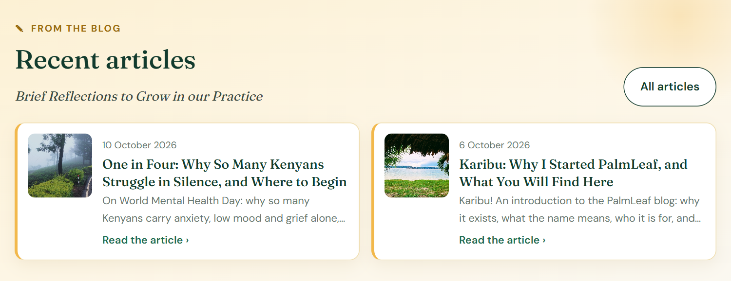 Recent articles on a practice website: a small card with a thumbnail and a Read the article link