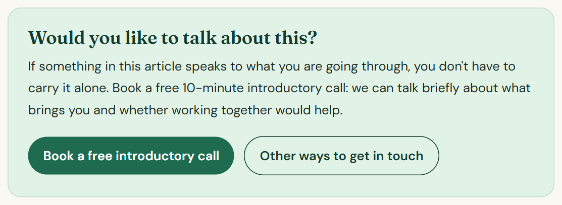 The invitation at the end of every article: Would you like to talk about this? with a button to book a free introductory call