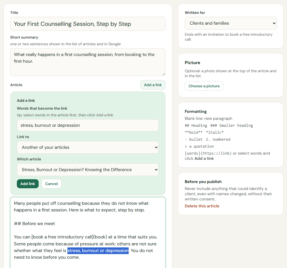 Writing an article in FrondCare: the Add a link panel turns chosen words into a link to another article