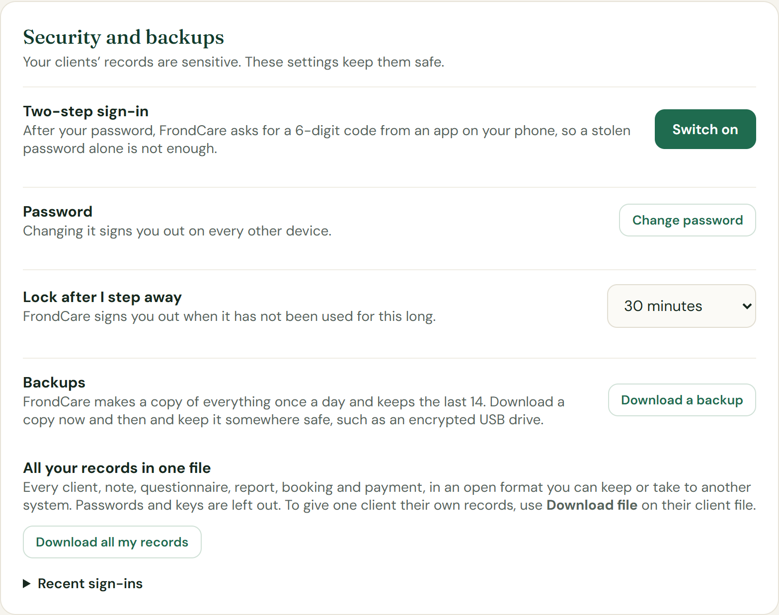 Security and backups settings: two-step sign-in, automatic lock, backups and full export